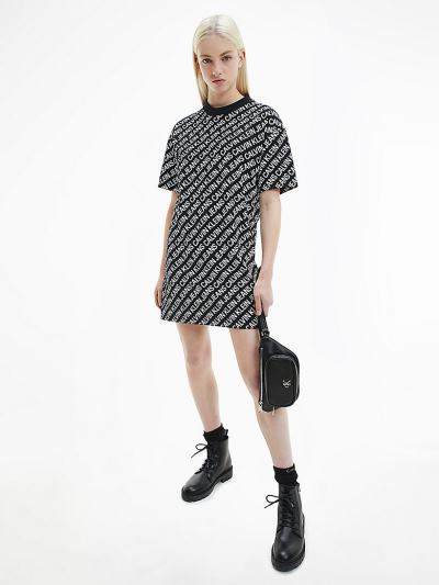 Calvin Klein Ruhák HU804819 | Calvin Klein All-Over Printed Női Pólóruha Fekete / Fehér